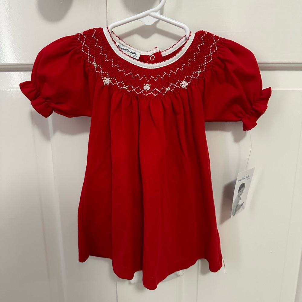 Magnolia Baby Red Smocked Christmas Dress with Diaper Cover
